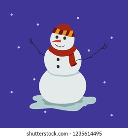 Cartoon snowman illustration. Flat style smiling snowman in scarf and hat.