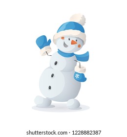 Cartoon snowman illustration. Winter holidays character isolated on white background. Funny cute frosty snow man waving and smiling. Retro style vector. For design of Christmas and new year cards.