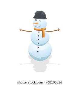 Cartoon Snowman Isolated on White  Background. Vector Snow Man with Shadow. Winter Vector Illustration. Web Icon. Flat style.
