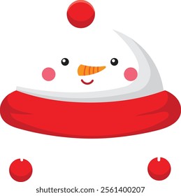 Cartoon snowman juggling red balls wearing a red scarf, smiling and looking forward on a white background, ideal for Christmas and winter projects