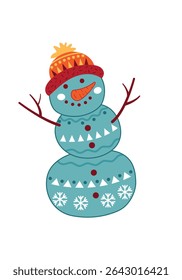 Cartoon snowman with knit hat and carrot nose, decorated with snowflakes and triangles. Festive vector for Christmas, New Year, children's textiles, gift wrap, and winter crafts.