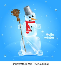 cartoon snowman made of ice cubes with a broom in his hand on a blue background, with snowflakes. Greeting card, Hello Winter 