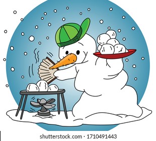 Caricatura de muñeco de nieve haciendo ilustración vectorial de barbacoa