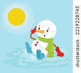 cartoon snowman melting. Sad snowman character in spring.Vector illustration