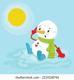 caricatura de snowman derritiéndose. Carácter snowman triste en primavera.Ilustración vectorial