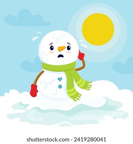 cartoon snowman melting. Sad snowman character in spring.Vector illustration