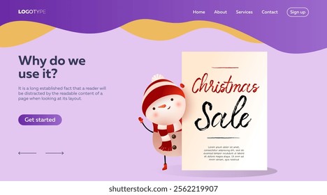 Cartoon snowman near Christmas Sale banner. Landing page template design with snowman in hat and scarf waving hand. Vector can be used for online shops, sales, discounts