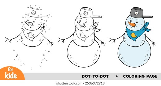 Cartoon snowman. Numbers dot to dot game and coloring page, education activity worksheet for children