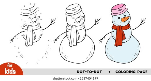 Boneco de neve. Números ponto a ponto jogo e colorir página, planilha de atividade de educação para crianças