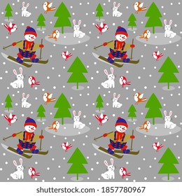 Cartoon snowman on skis, hares, birds are having fun in the forest. Illustrations for children. Children's cover, textile, packaging background.