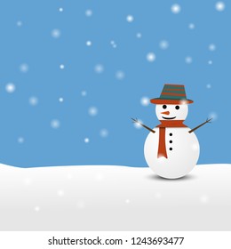 Cartoon Snowman on sky background under the snow.  smiling snowman with open arms. vector illustration