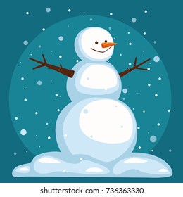 Cartoon Snowman on sky background under the snow. The bigfoot stands in the snow. smiling snowman with open arms. vector illustration