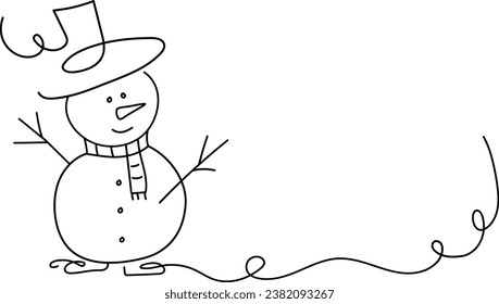 Cartoon snowman on transparent background. Christmas, New Year greeting card concept. Line art.