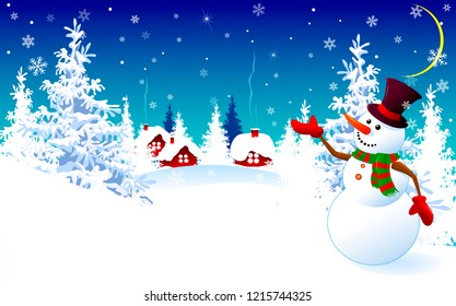 Cartoon snowman on a winter background. Snowman on the background of a winter forest and a snow-covered village.                                                                                     
