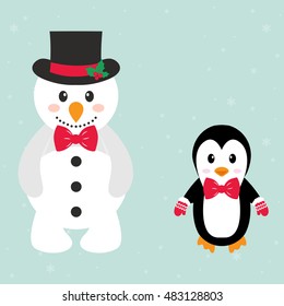 cartoon snowman and penguin with tie