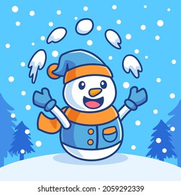 Cartoon Snowman Playing Snowball In Winter Season