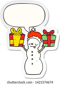 cartoon snowman with present with speech bubble sticker