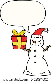 cartoon snowman with present with speech bubble