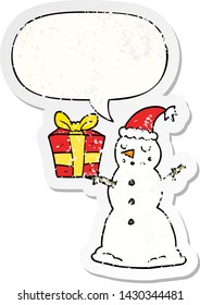caricatura de un muñeco de nieve presente con burbuja del habla angustiado viejo pegatina