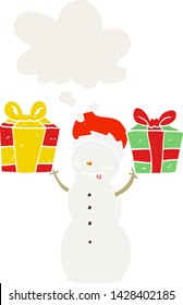 cartoon snowman with present with thought bubble in retro style