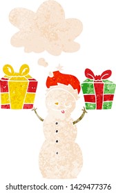 cartoon snowman with present with thought bubble in grunge distressed retro textured style