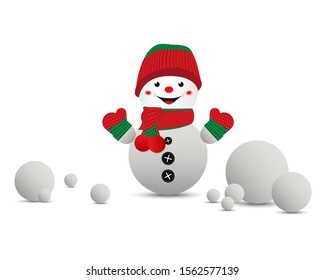 Cartoon snowman in a red-green knitted hat and mittens. White, isolated background. Vector illustration.