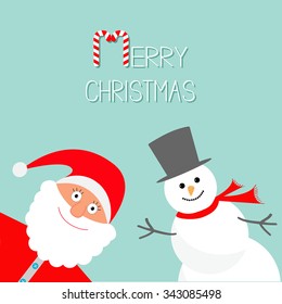Cartoon Snowman and Santa Claus. Blue background. Candy cane. Merry Christmas card. Flat design Vector illustration