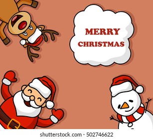 Cartoon snowman, santa claus and deer. Merry Christmas card