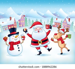 Cartoon of a snowman, Santa Claus, and reindeer  enjoying hot cocoa with marshmallows and cookies with snow covered homes and mountains in the background.