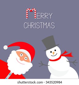 Cartoon Snowman and Santa Claus. Violet background. Candy cane. Merry Christmas card. Flat design Vector illustration