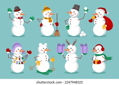 Cartoon snowman set concept without people scene in the flat cartoon style. Pictures of snowmen that children usually make in winter. Vector illustration.