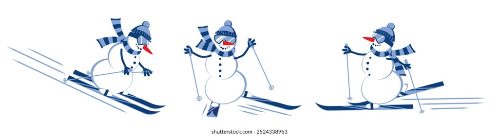 Cartoon Snowman skiing in ski goggles. Winter set. Vector illustration.