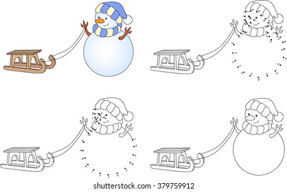 Cartoon snowman with sledge. Coloring book and dot to dot educational game for kids