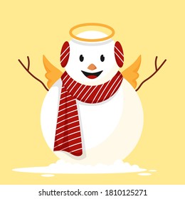 Cartoon Snowman or Snow Angel Wearing Woolen Headphone and Scarf on Yellow Background.