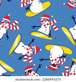 Cartoon Snowman snowboarding in ski goggles and Santa Claus hat. Seamless pattern. Christmas vector illustration.