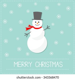 Cartoon Snowman and snowflakes. Blue background. Merry Christmas card Flat design Vector illustration