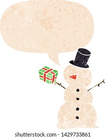 cartoon snowman with speech bubble in grunge distressed retro textured style