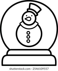 A cartoon snowman is standing in front of a glass globe