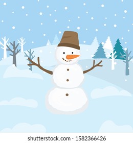 Cartoon snowman standing in park. Winter landscape.New year or christmas background. Flat vector illustration