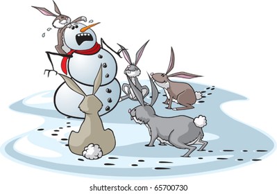 A cartoon snowman surrounded by hungry rabbits.