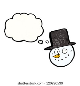 caricatura de muñeco de nieve con burbuja de pensamiento