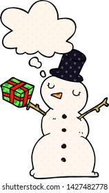 cartoon snowman with thought bubble in comic book style