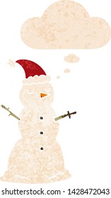 cartoon snowman with thought bubble in grunge distressed retro textured style