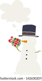 Cartoon-Schneemann mit Gedankenblase im Retro-Stil