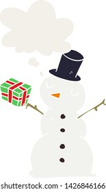 cartoon snowman with thought bubble in retro style