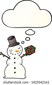 caricatura de muñeco de nieve con burbuja de pensamiento en un estilo de gradiente suave