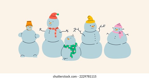 Cartoon snowman with various emotions, bucket, hat and scarf. Character from snowballs with carrot instead nose and branch arms. Christmas holiday funny game concept. Flat vector isolated illustration