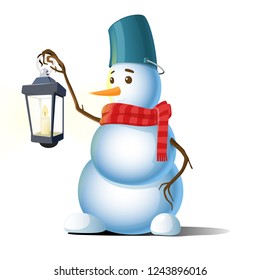 Cartoon snowman vector illustration. Isolated image on white background. Anthropomorphic snow sculpture. New year and Merry Christmas greeting card