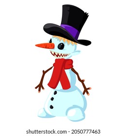 Cartoon Snowman in Vintage Top Hat with Red Scarf and Twig Hands. Childrens Illustration Isolated on White Background
