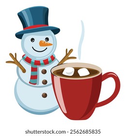 Cartoon Snowman Wearing Hat with Marshmallow inside Coffee Cup Element for Merry Christmas Concept.